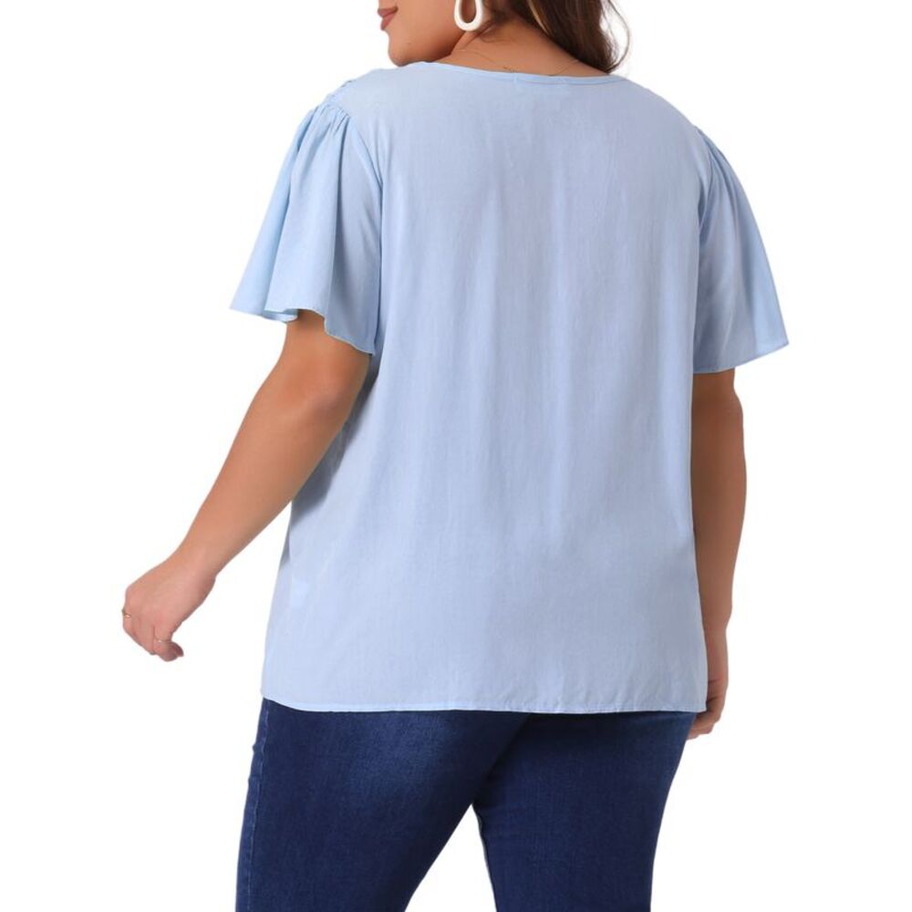 Plus Size V Neck Ruffle Sleeve Smocked Shoulder Chiffon Blouse Blue - Picture 4 of 6